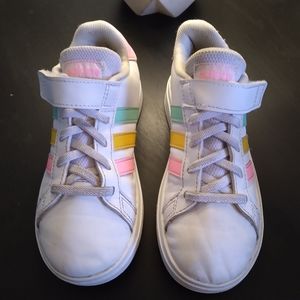 Adidas girls size 12 tennis shoes. White with pink yellow green stripes.